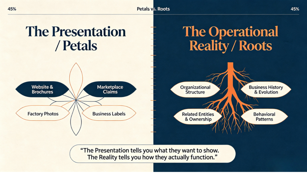 Comparison chart showing the difference between superficial supplier marketing and deep operational reality.